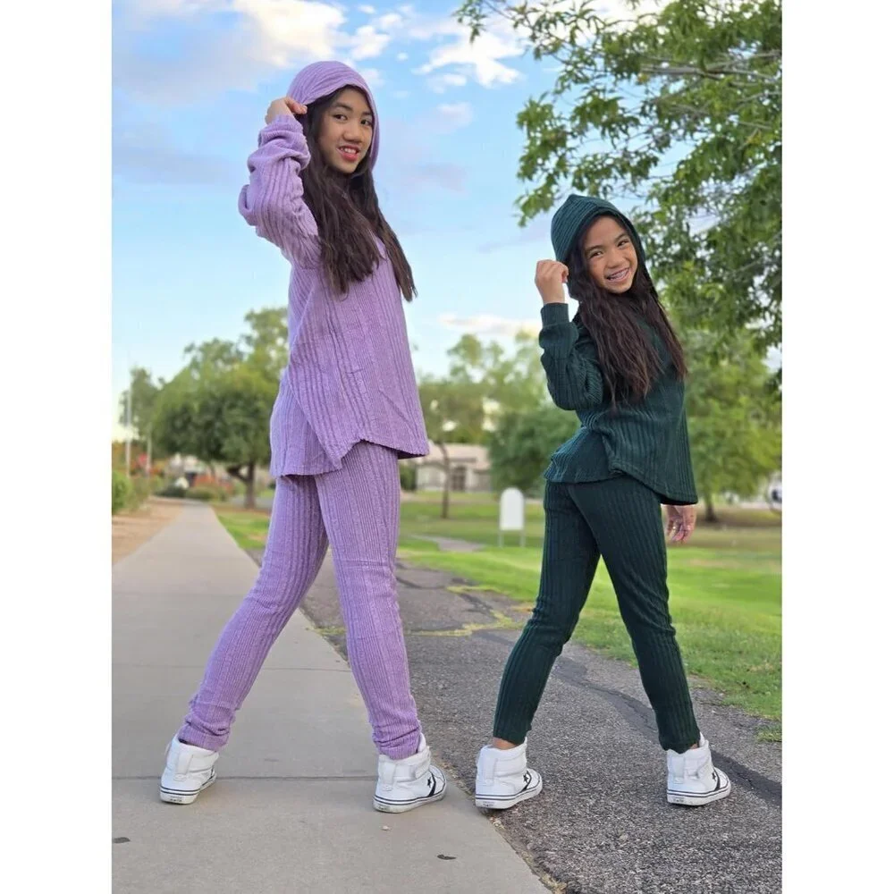Girl's Sweaters Set 2 Piece Outfits Rib-Knit Sweatsuits Cute Pullover Sweatshirt